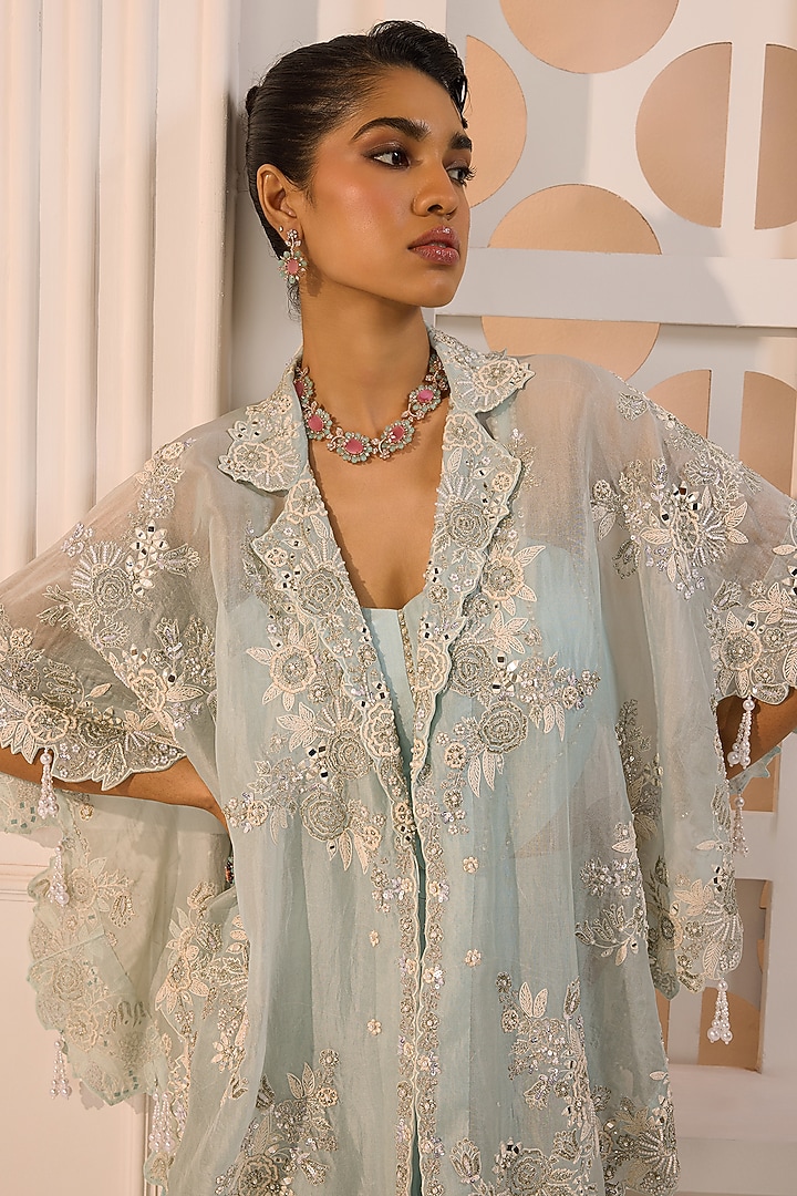 Light Blue Organza Floral Hand Embroidered Cape Set by Aneesh Agarwaal PRET at Pernia's Pop Up Shop