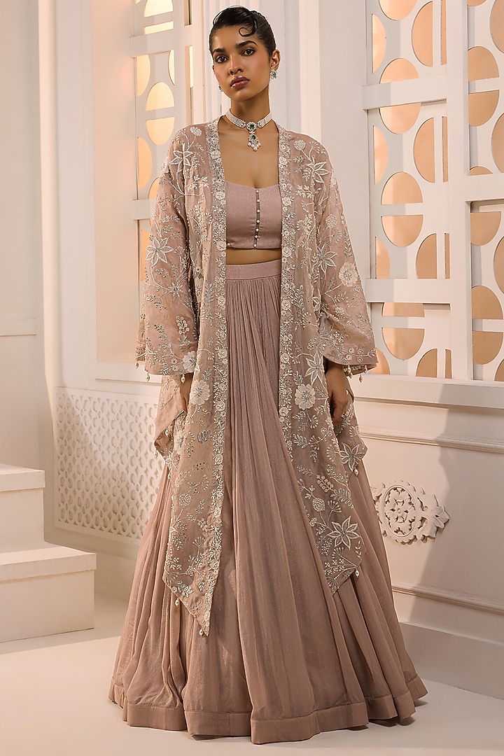 Taupe Pink Organza Floral Embroidered Cape Set by Aneesh Agarwaal PRET at Pernia's Pop Up Shop