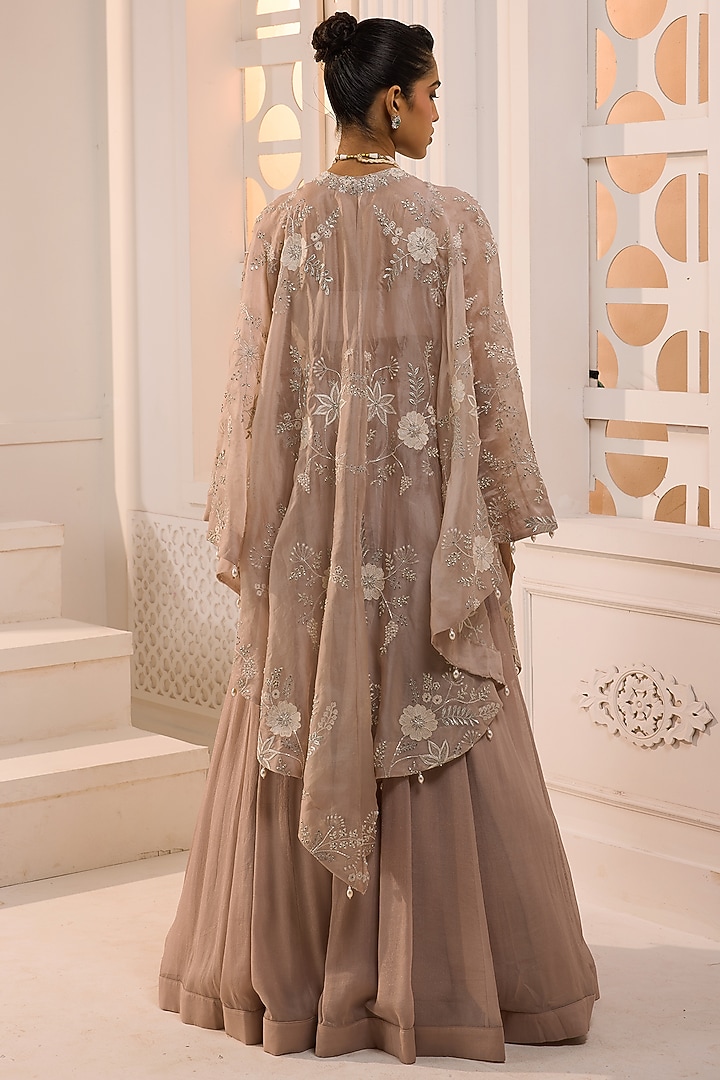 Taupe Pink Organza Floral Embroidered Cape Set by Aneesh Agarwaal PRET at Pernia's Pop Up Shop
