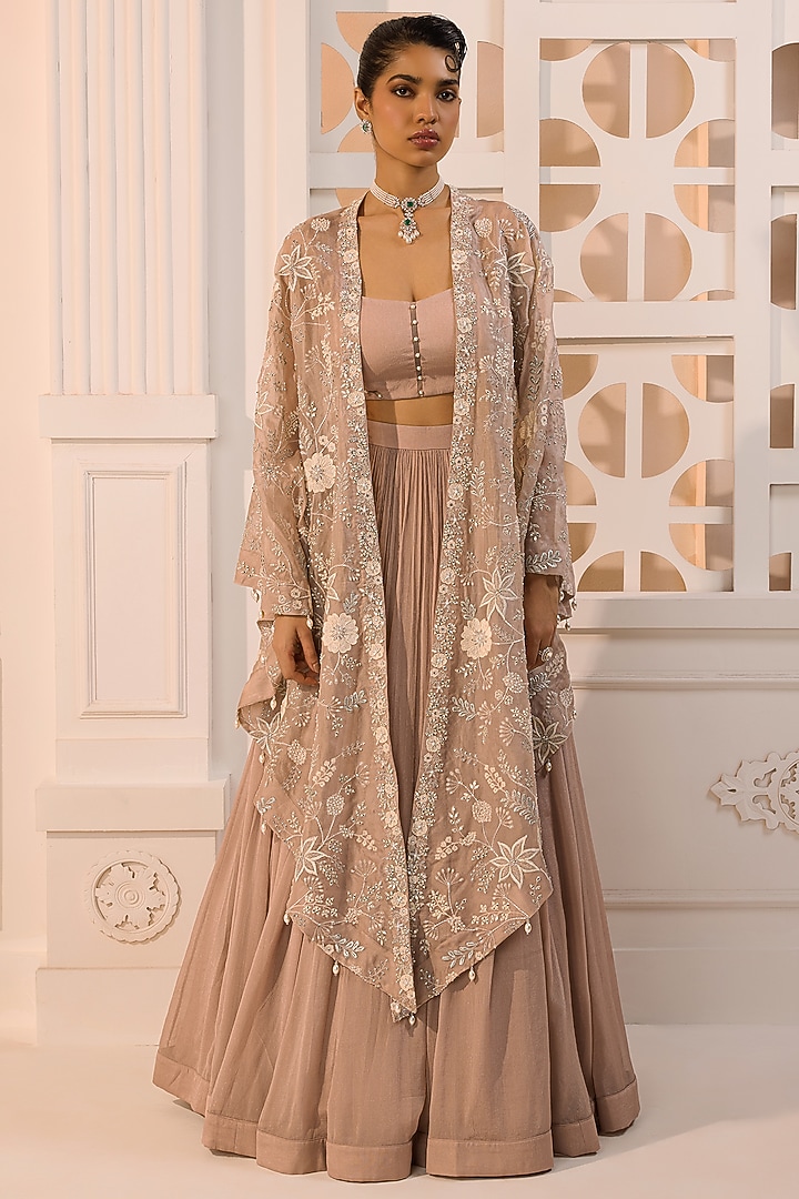Taupe Pink Organza Floral Embroidered Cape Set by Aneesh Agarwaal PRET at Pernia's Pop Up Shop