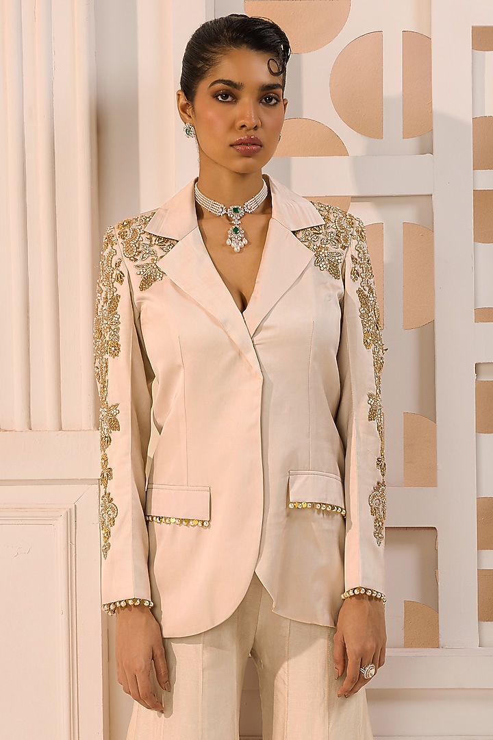 Dull Ivory Silk Hand Embroidered Blazer Set by Aneesh Agarwaal PRET at Pernia's Pop Up Shop