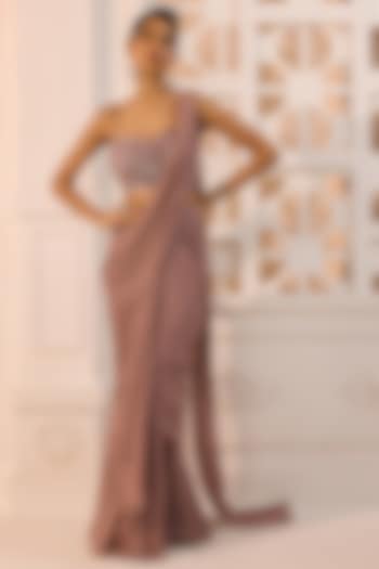 Mauve Shimmer Chiffon Hand Embroidered Pre-Draped Ruffled Wedding Saree Set by Aneesh Agarwaal at Pernia's Pop Up Shop