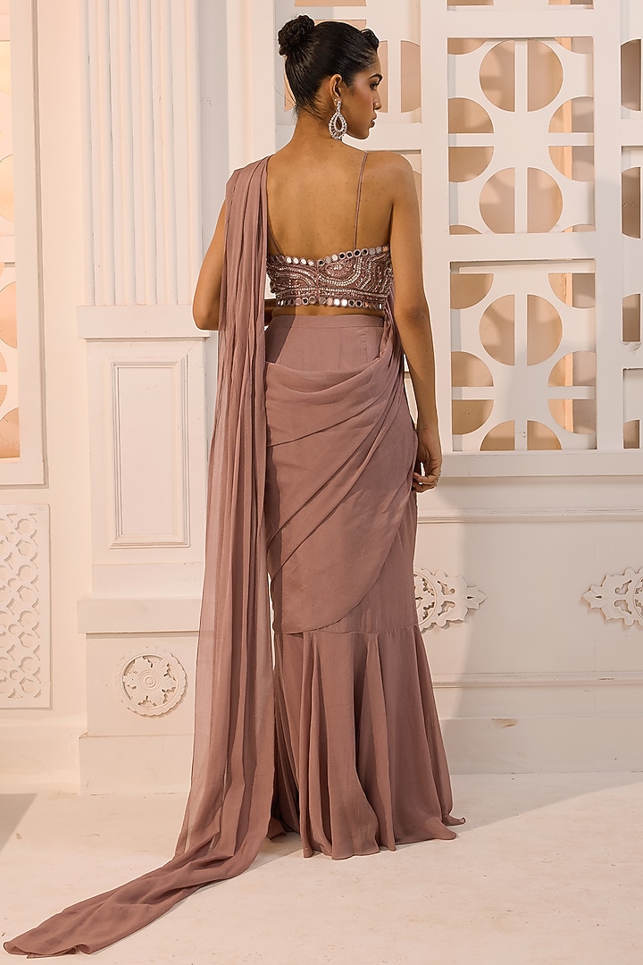 Mauve Shimmer Chiffon Hand Embroidered Pre-Draped Ruffled Wedding Saree Set by Aneesh Agarwaal PRET at Pernia's Pop Up Shop