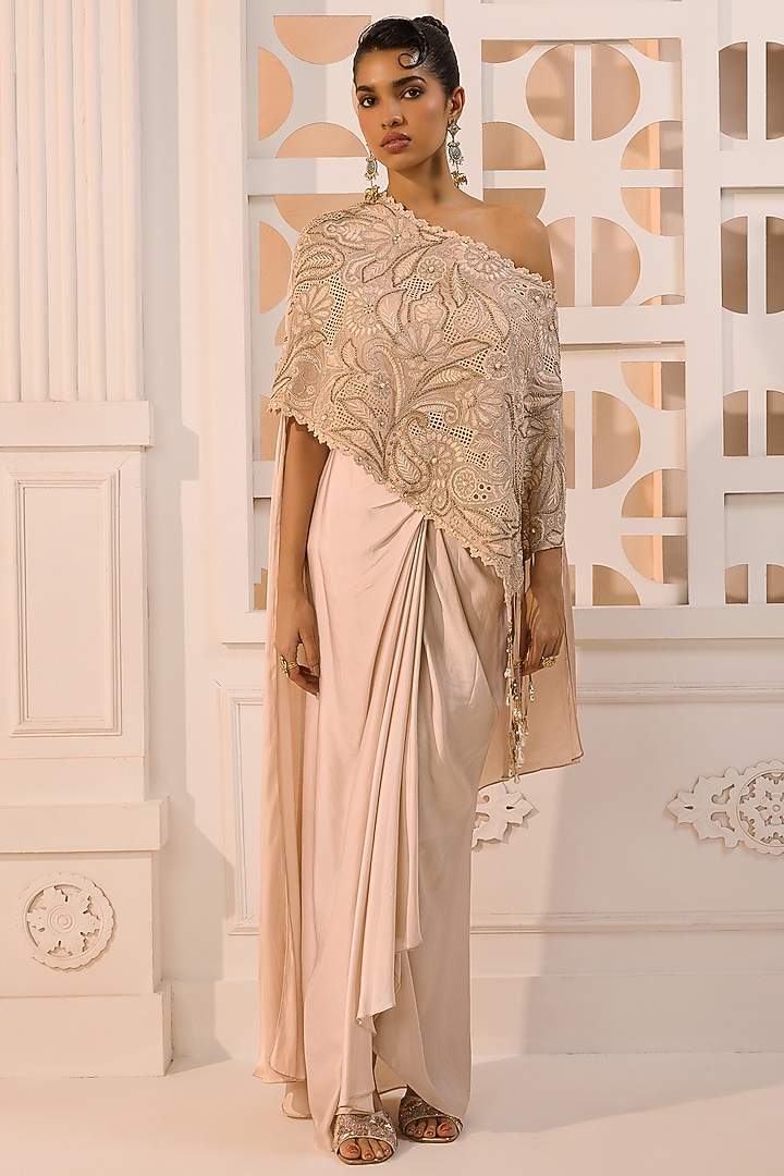 Dull Ivory Organza Cutwork Embroidered Draped Dhoti Skirt Set by Aneesh Agarwaal PRET at Pernia's Pop Up Shop
