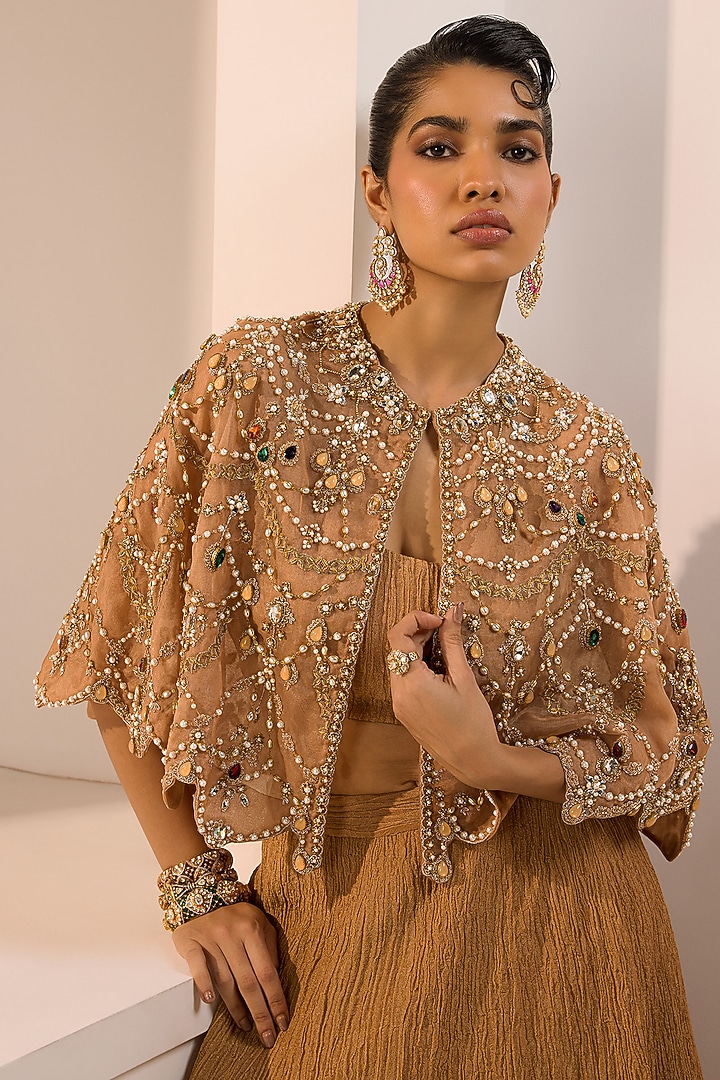 Gold Organza Beadwork Cape Set by Aneesh Agarwaal PRET at Pernia's Pop Up Shop