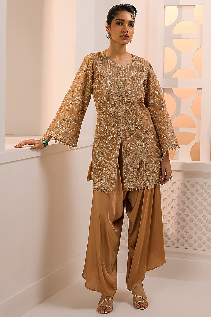 Gold Organza Hand Embroidered Jacket Set by Aneesh Agarwaal at Pernia's Pop Up Shop