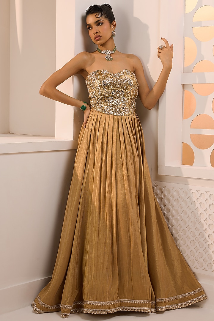 Gold Tissue Silk Sequins Embroidered Wedding Lehenga Set by Aneesh Agarwaal at Pernia's Pop Up Shop