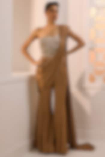 Gold Crinkle Satin Chiffon Hand Embroidered Draped Pant Wedding Saree Set by Aneesh Agarwaal at Pernia's Pop Up Shop