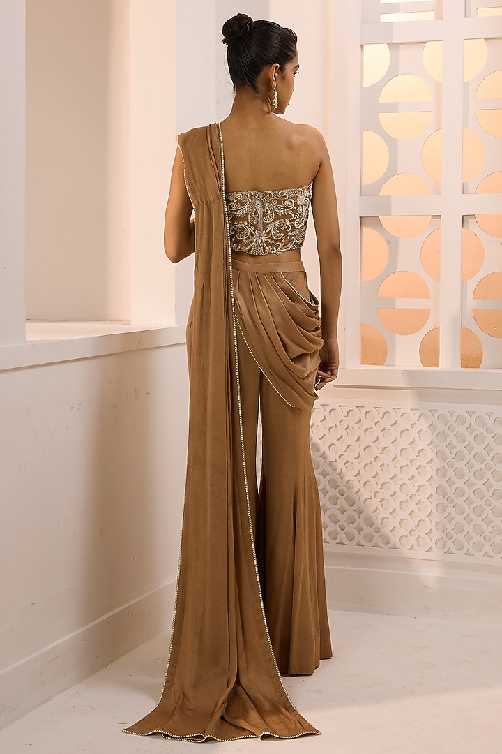 Gold Crinkle Satin Chiffon Hand Embroidered Draped Pant Wedding Saree Set by Aneesh Agarwaal PRET at Pernia's Pop Up Shop