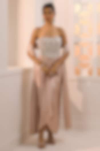 Taupe Satin Hand Embroidered Tulip-Style Skirt Set by Aneesh Agarwaal at Pernia's Pop Up Shop