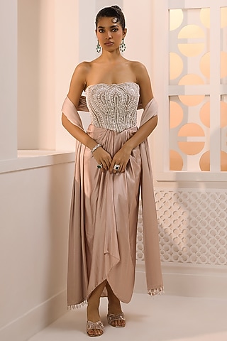 Taupe Satin Hand Embroidered Tulip-Style Skirt Set by Aneesh Agarwaal PRET