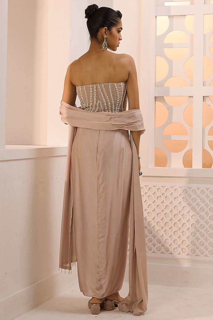 Taupe Satin Hand Embroidered Tulip-Style Skirt Set by Aneesh Agarwaal PRET at Pernia's Pop Up Shop