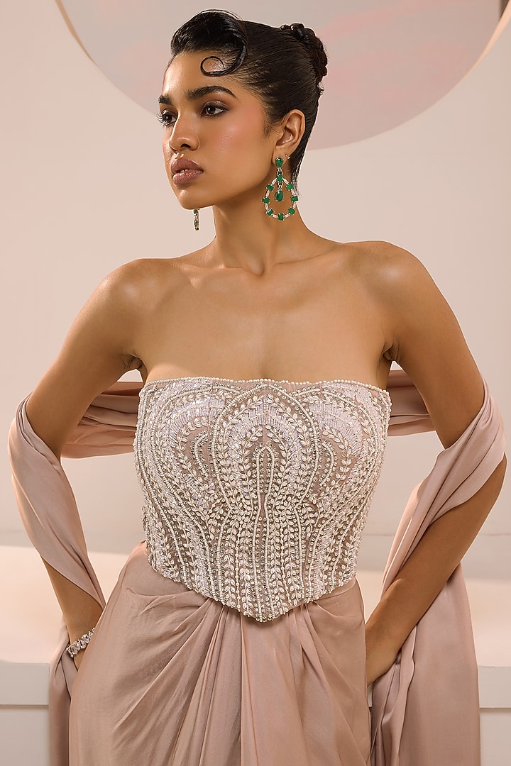 Taupe Satin Hand Embroidered Tulip-Style Skirt Set by Aneesh Agarwaal PRET at Pernia's Pop Up Shop