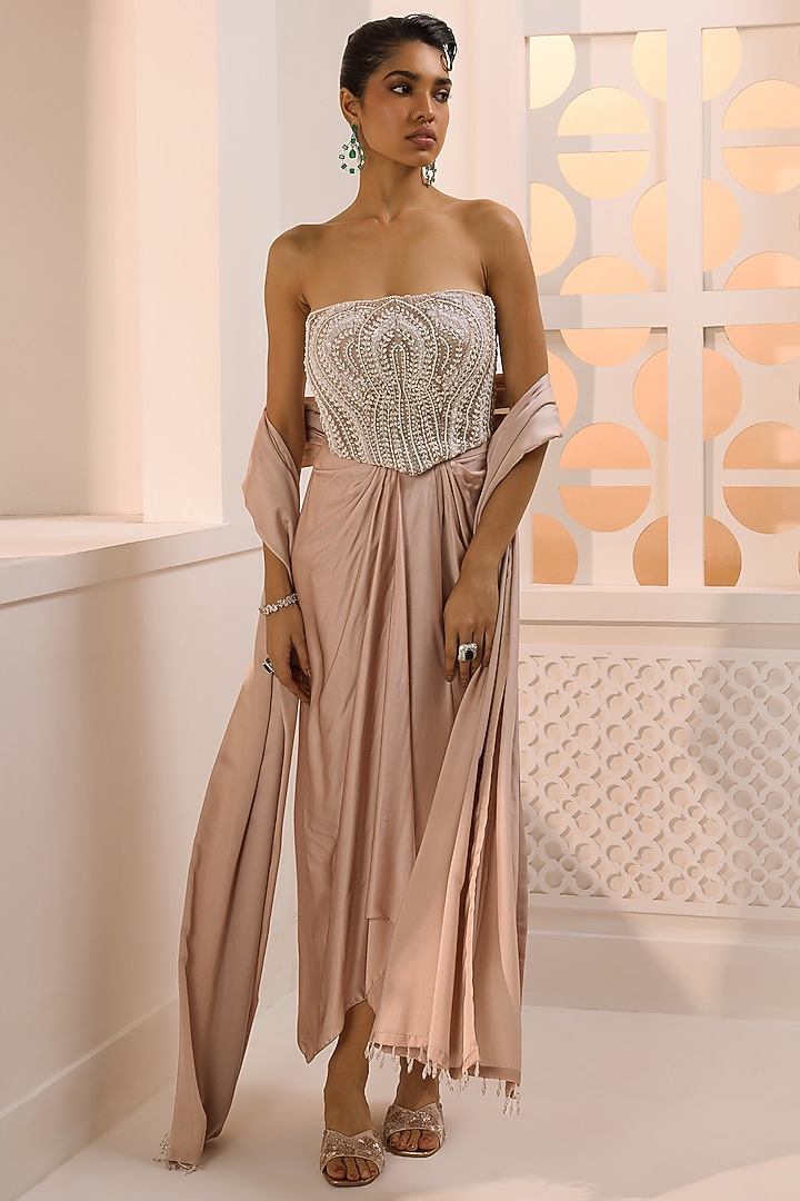 Taupe Satin Hand Embroidered Tulip-Style Skirt Set by Aneesh Agarwaal PRET at Pernia's Pop Up Shop
