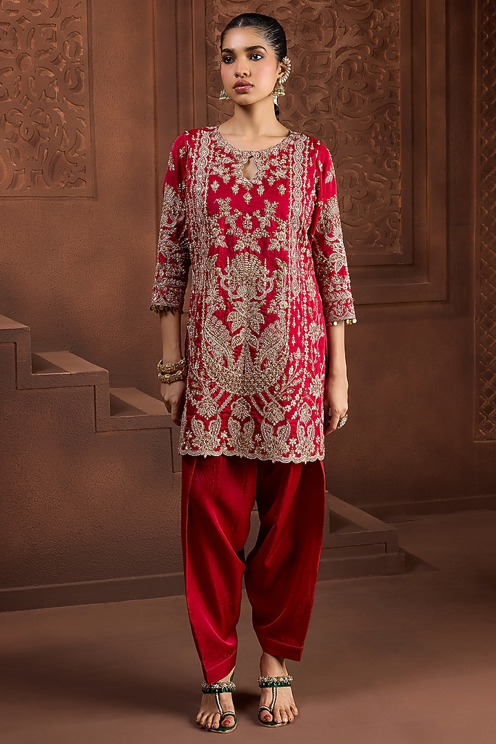 Red Silk Dori Embroidered Kurta Set by Aneesh Agarwaal PRET at Pernia's Pop Up Shop