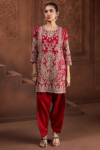 Red Silk Dori Embroidered Kurta Set by Aneesh Agarwaal PRET