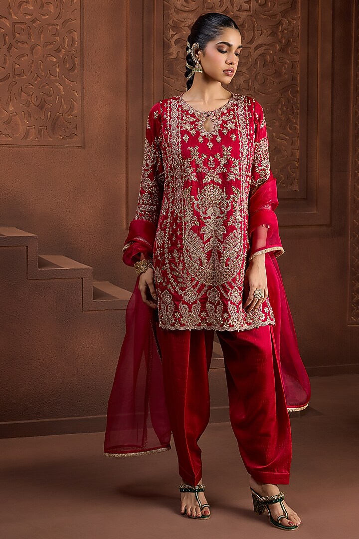 Red Silk Dori Embroidered Kurta Set by Aneesh Agarwaal PRET at Pernia's Pop Up Shop
