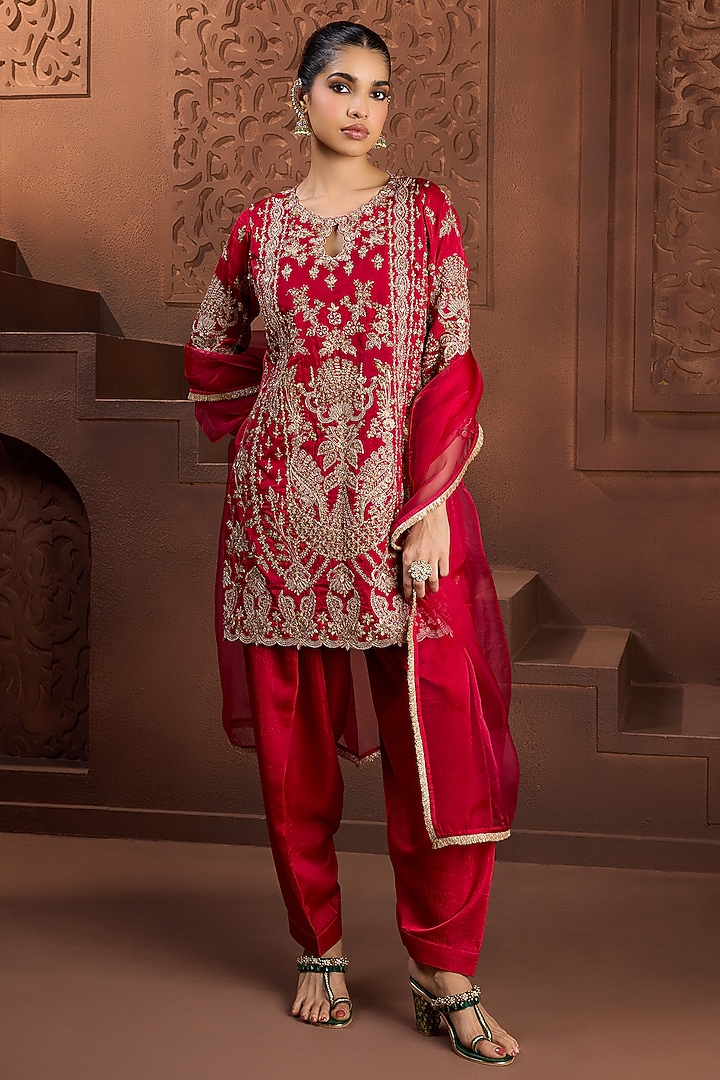 Red Silk Dori Embroidered Kurta Set by Aneesh Agarwaal PRET at Pernia's Pop Up Shop