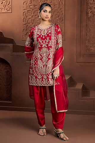 Red Silk Dori Embroidered Kurta Set by Aneesh Agarwaal PRET