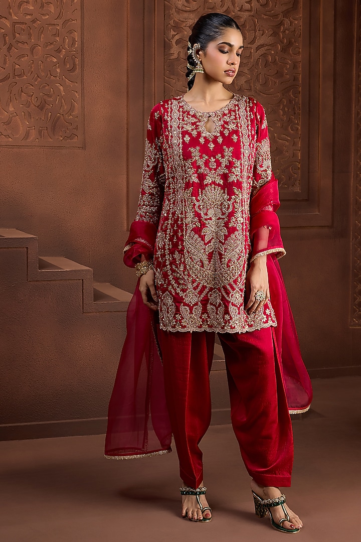 Red Silk Dori Embroidered Kurta Set by Aneesh Agarwaal PRET at Pernia's Pop Up Shop