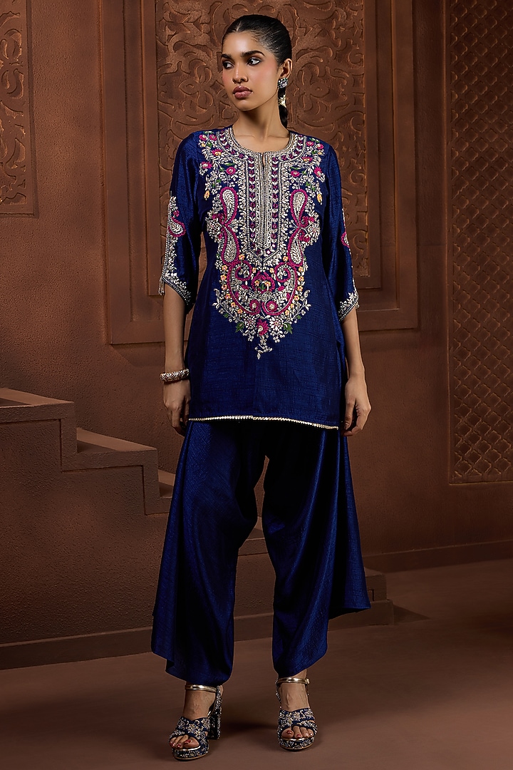 Navy Blue Silk Floral Embroidered Kurta Set by Aneesh Agarwaal PRET at Pernia's Pop Up Shop