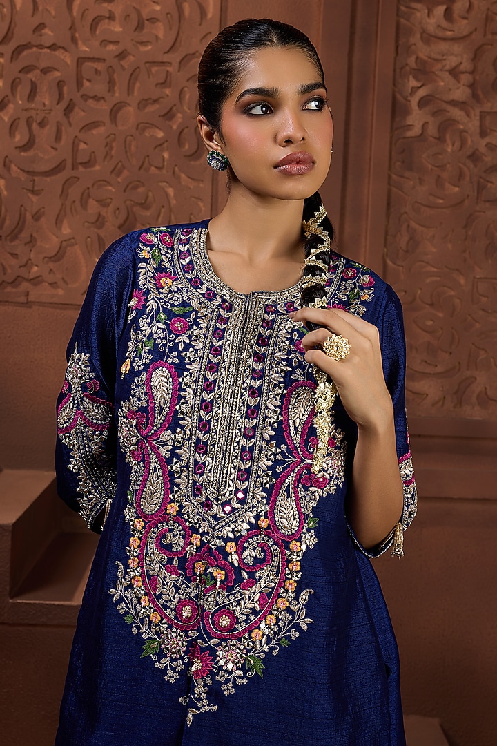 Navy Blue Silk Floral Embroidered Kurta Set by Aneesh Agarwaal PRET at Pernia's Pop Up Shop