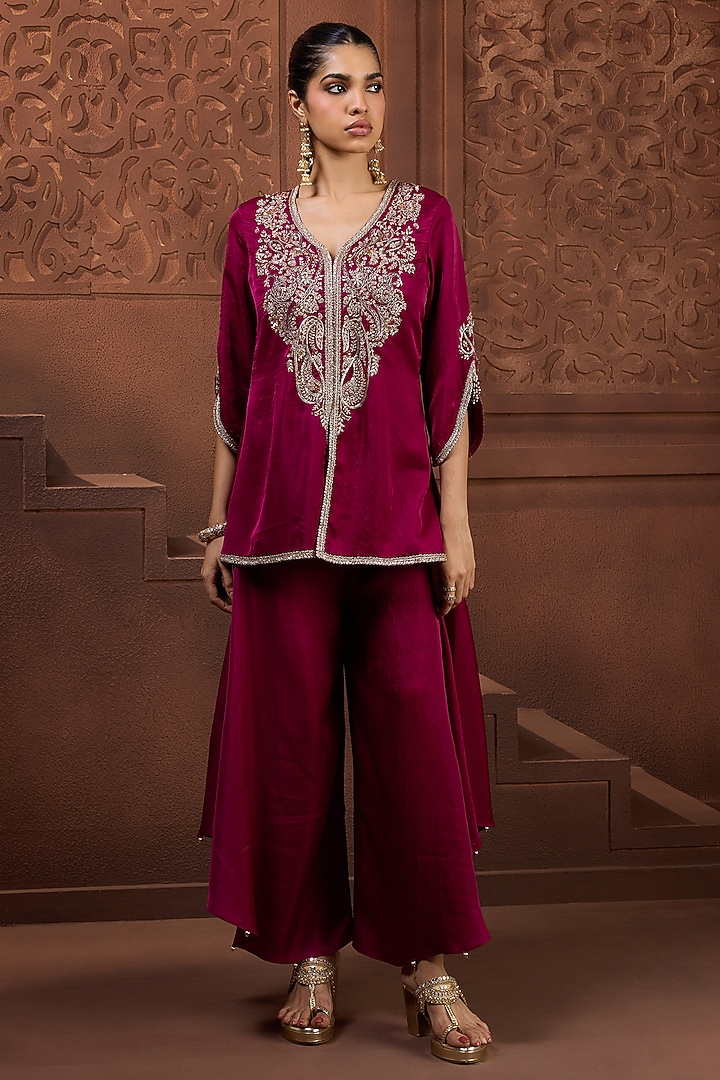 Magenta Silk Zardosi Embroidered Kurta Set by Aneesh Agarwaal PRET at Pernia's Pop Up Shop