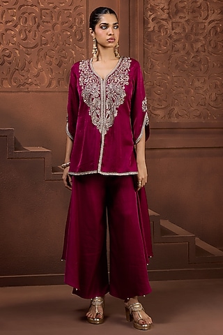 Magenta Silk Zardosi Embroidered Kurta Set by Aneesh Agarwaal PRET