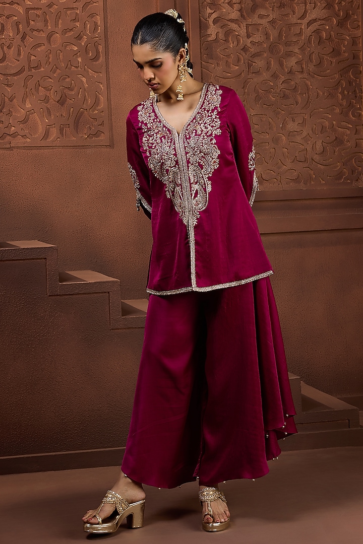 Magenta Silk Zardosi Embroidered Kurta Set by Aneesh Agarwaal PRET at Pernia's Pop Up Shop