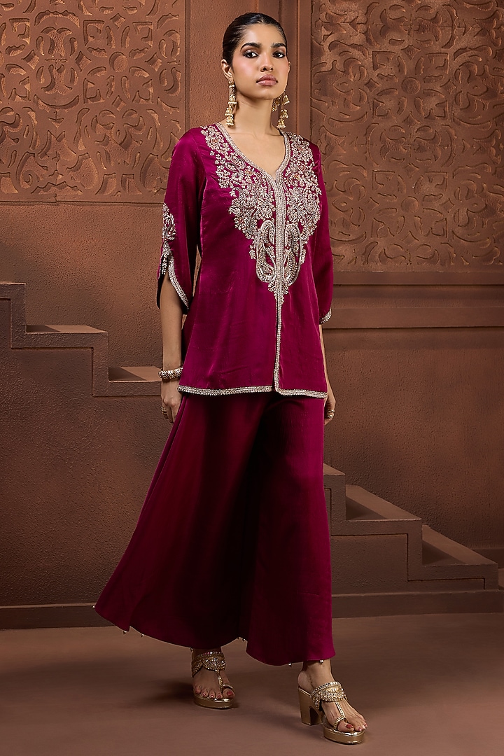 Magenta Silk Zardosi Embroidered Kurta Set by Aneesh Agarwaal PRET at Pernia's Pop Up Shop