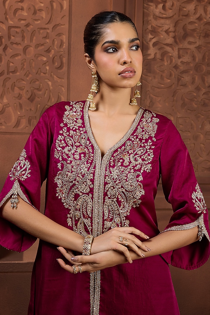 Magenta Silk Zardosi Embroidered Kurta Set by Aneesh Agarwaal PRET at Pernia's Pop Up Shop