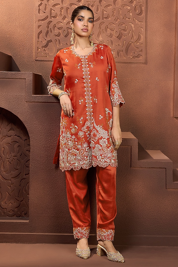 Burn Orange Silk Sequins Embroidered Kurta Set by Aneesh Agarwaal PRET at Pernia's Pop Up Shop