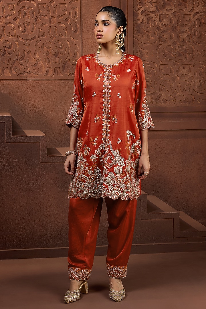 Burn Orange Silk Sequins Embroidered Kurta Set by Aneesh Agarwaal PRET at Pernia's Pop Up Shop