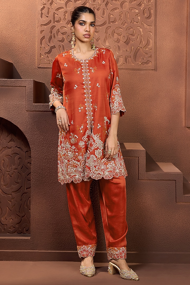Burn Orange Silk Sequins Embroidered Kurta Set by Aneesh Agarwaal PRET at Pernia's Pop Up Shop