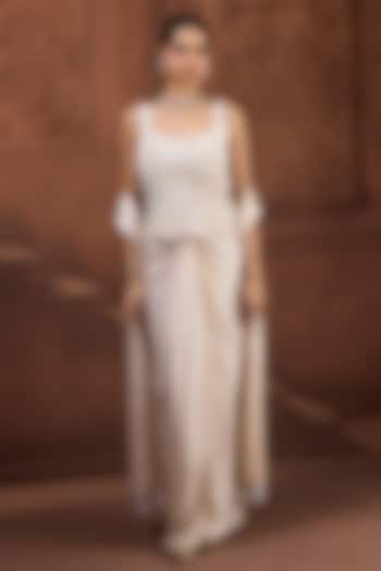 Ivory Satin Draped Skirt Set by Aneesh Agarwaal PRET at Pernia's Pop Up Shop