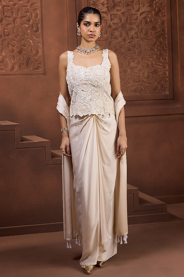 Ivory Satin Draped Skirt Set by Aneesh Agarwaal PRET at Pernia's Pop Up Shop