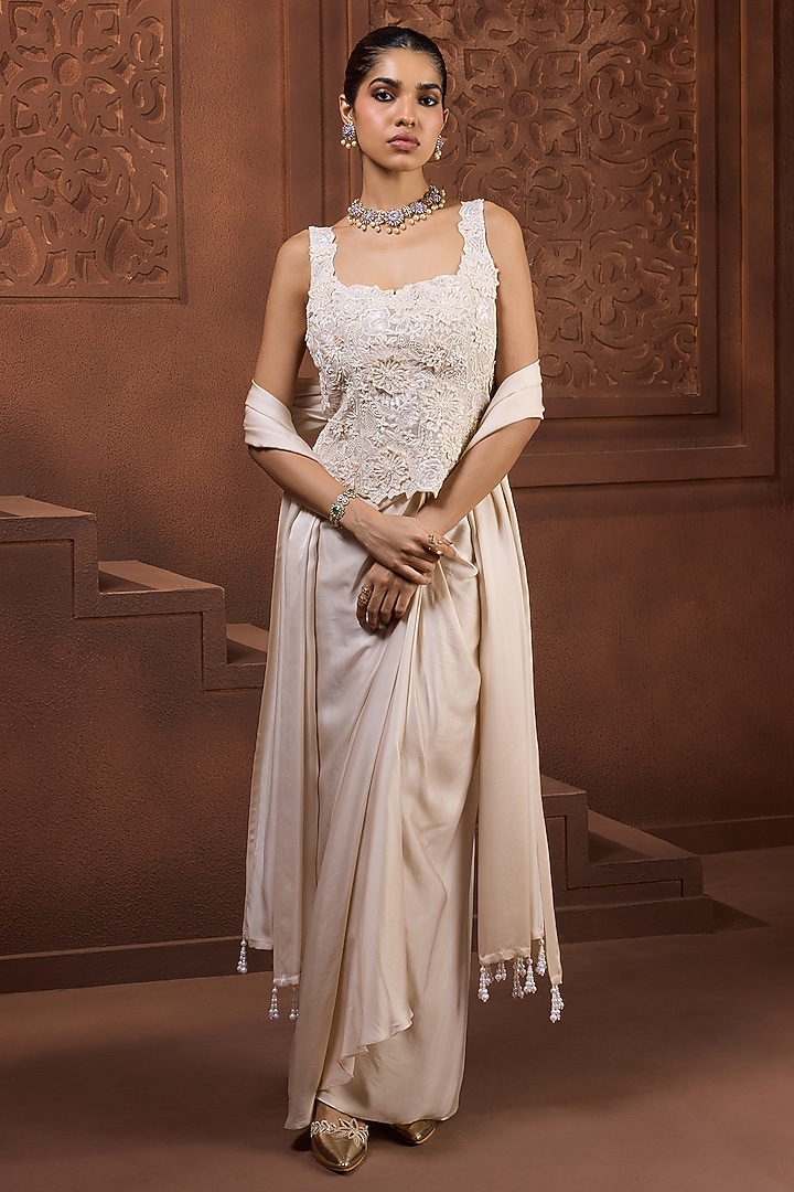 Ivory Satin Draped Skirt Set by Aneesh Agarwaal PRET at Pernia's Pop Up Shop