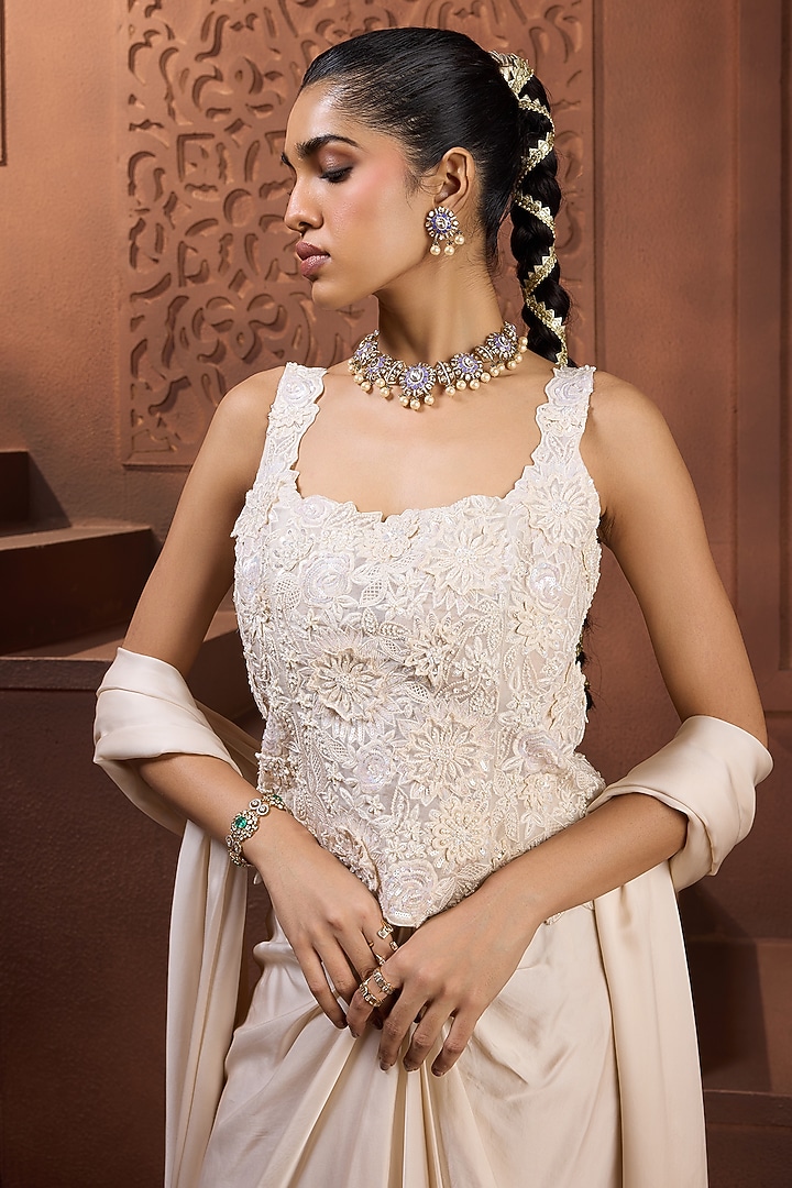 Ivory Satin Draped Skirt Set by Aneesh Agarwaal PRET at Pernia's Pop Up Shop