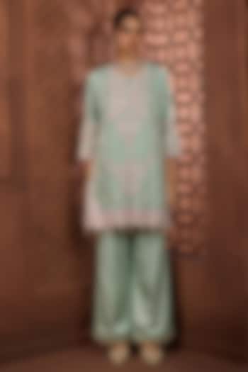 Mint Green Silk Floral Embroidered Kurta Set by Aneesh Agarwaal PRET at Pernia's Pop Up Shop