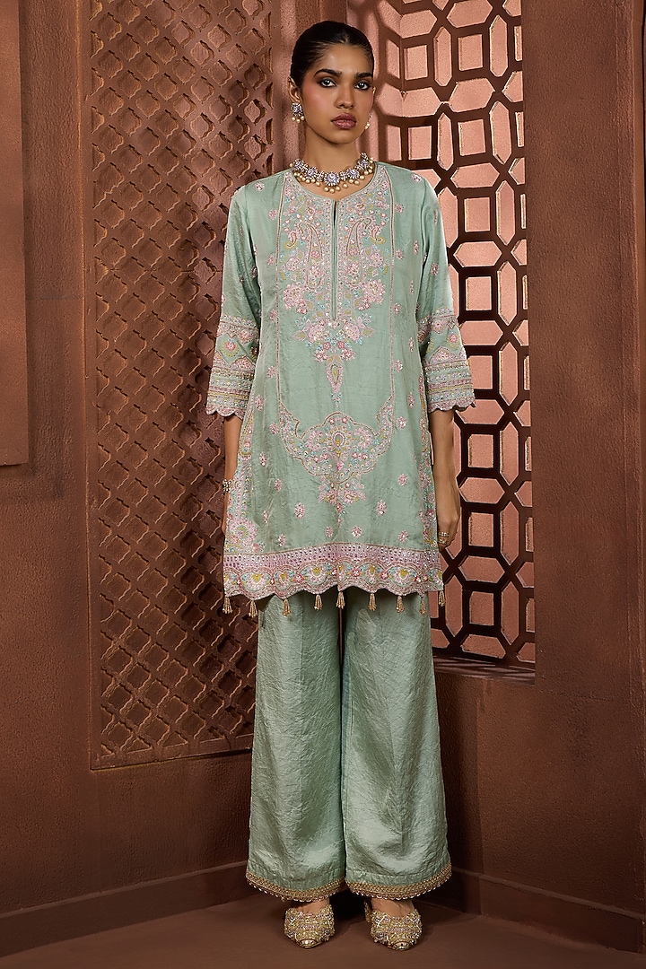 Mint Green Silk Floral Embroidered Kurta Set by Aneesh Agarwaal PRET at Pernia's Pop Up Shop