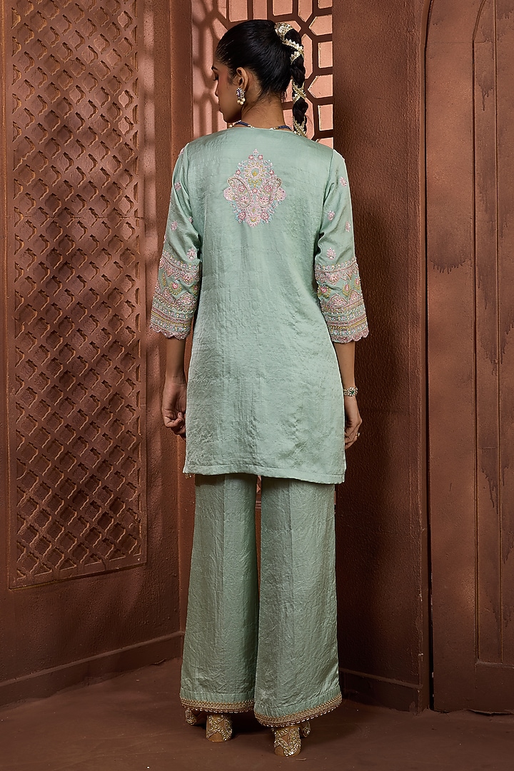 Mint Green Silk Floral Embroidered Kurta Set by Aneesh Agarwaal PRET at Pernia's Pop Up Shop