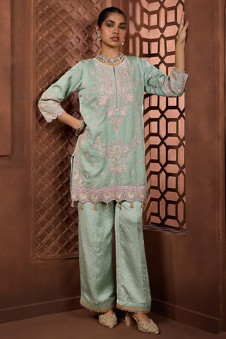Mint Green Silk Floral Embroidered Kurta Set by Aneesh Agarwaal PRET at Pernia's Pop Up Shop