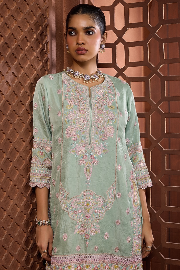 Mint Green Silk Floral Embroidered Kurta Set by Aneesh Agarwaal PRET at Pernia's Pop Up Shop