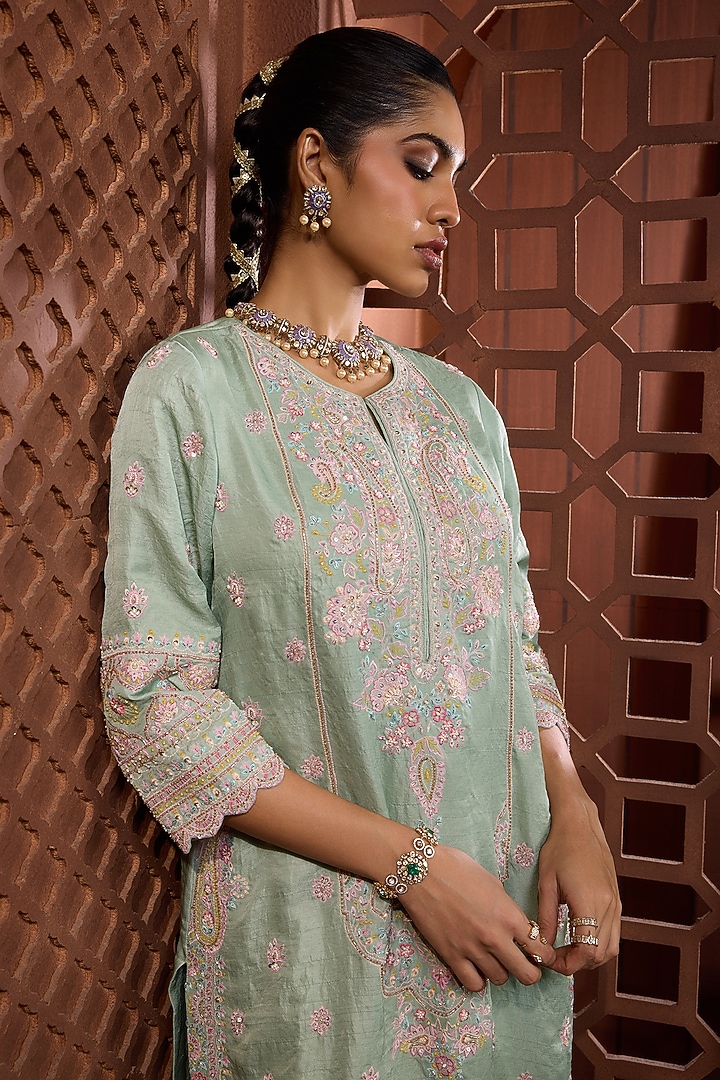 Mint Green Silk Floral Embroidered Kurta Set by Aneesh Agarwaal PRET at Pernia's Pop Up Shop