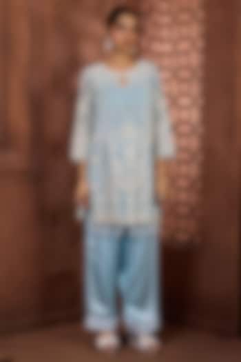 Powder Blue Sheer Organza Mirror Embroidered Kurta Set by Aneesh Agarwaal PRET at Pernia's Pop Up Shop