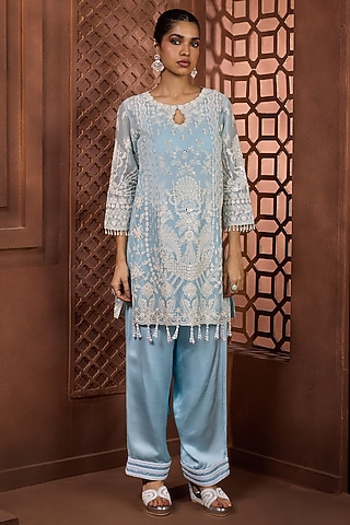 Powder Blue Sheer Organza Mirror Embroidered Kurta Set by Aneesh Agarwaal PRET