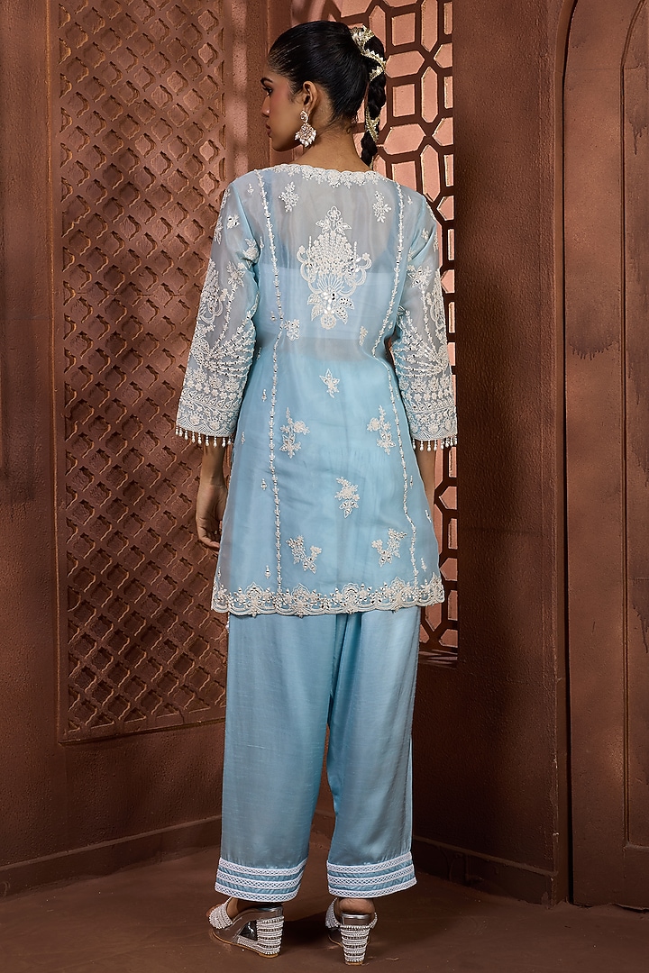 Powder Blue Sheer Organza Mirror Embroidered Kurta Set by Aneesh Agarwaal PRET at Pernia's Pop Up Shop