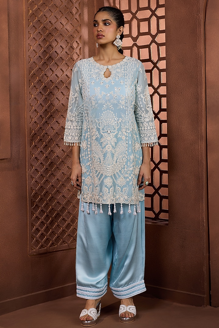 Powder Blue Sheer Organza Mirror Embroidered Kurta Set by Aneesh Agarwaal PRET at Pernia's Pop Up Shop