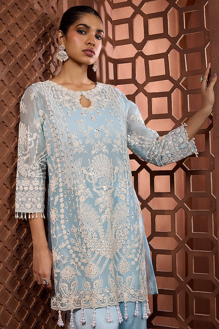 Powder Blue Sheer Organza Mirror Embroidered Kurta Set by Aneesh Agarwaal PRET at Pernia's Pop Up Shop