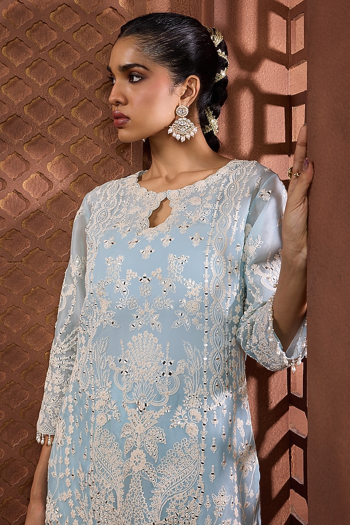 Powder Blue Sheer Organza Mirror Embroidered Kurta Set by Aneesh Agarwaal PRET at Pernia's Pop Up Shop